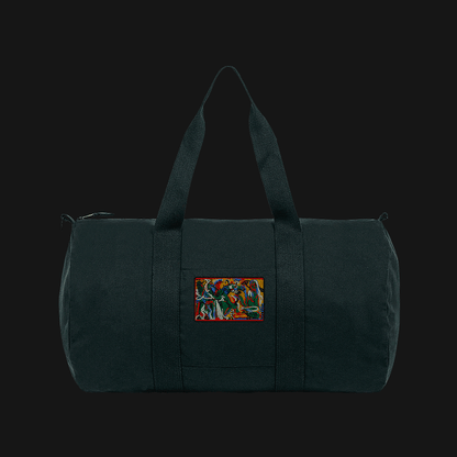 Traditional Palestinian heritage duffle bag inspired by artist XCXC, featuring intricate embroidery and sustainable materials