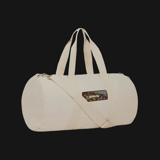 Contemporary Palestinian art duffle bag influenced by artist FC, showcasing modern motifs and traditional embroidery